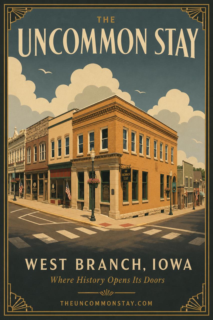The Uncommon Stay — a warm brick corner building at 103½ E. Main St., West Branch, Iowa